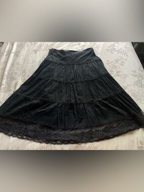 Vintage Black Ribbon Tiered Cotton Skirt Small 90s Fairy Grunge Whimsigoth Witch
